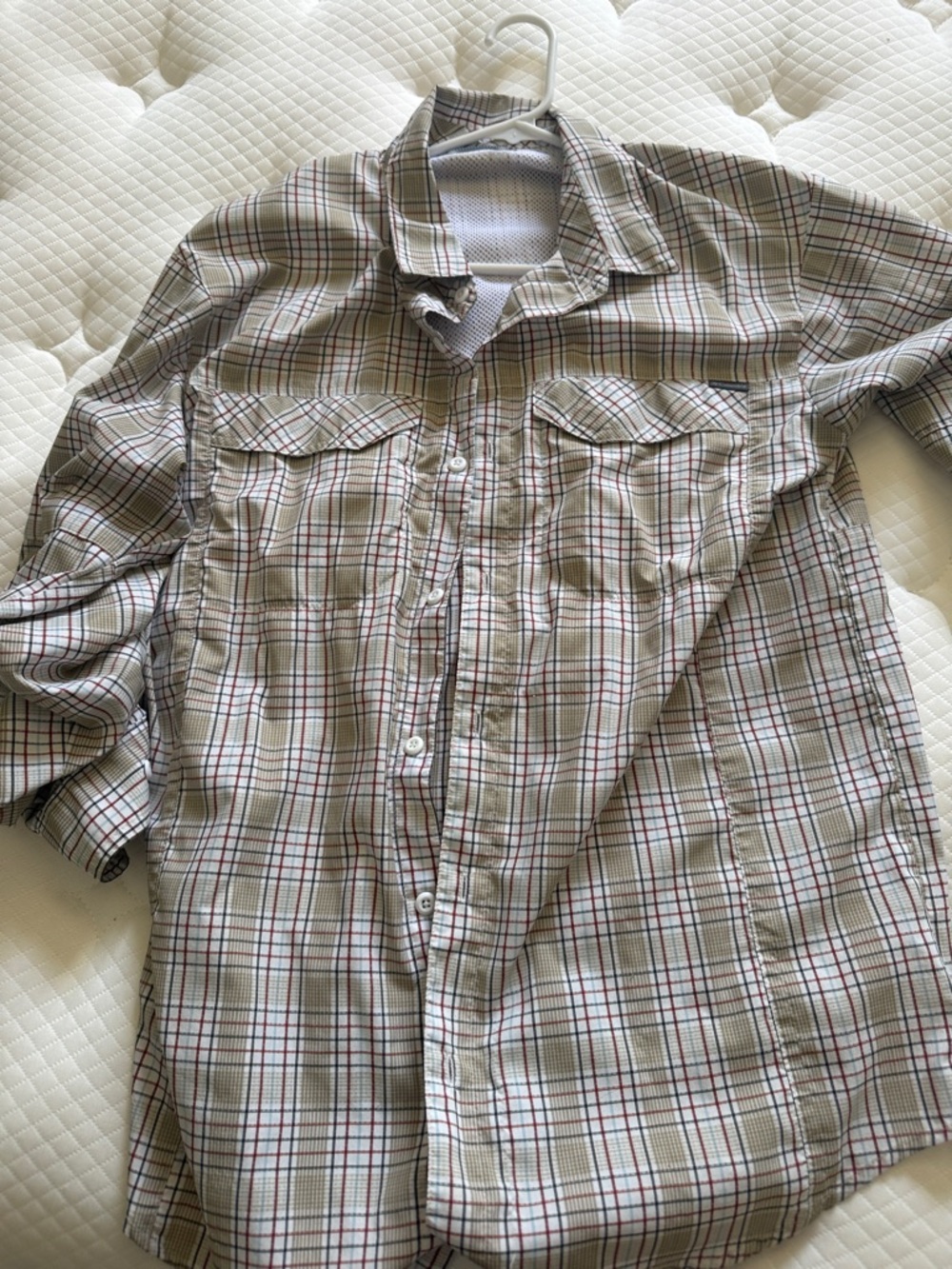 Columbia Men's Plaid Button-Down Shirt in Beige, Red, and Black